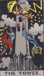 "The Tower" tarot card, representing disaster in the form of the Tower of Babel