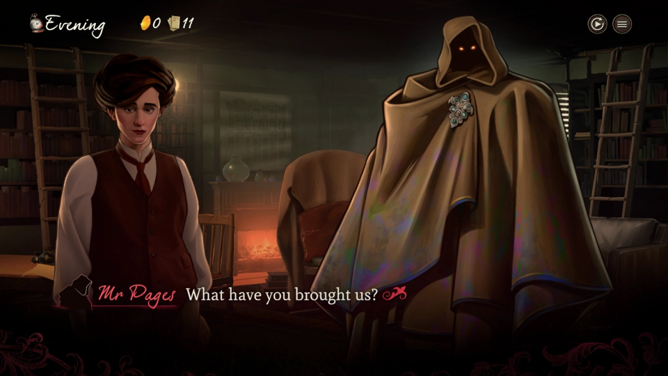 Screenshot of conversation with two characters in Mask of the Rose.