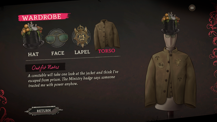 Screenshot from Mask of the Rose, showing the outfit selection screen.